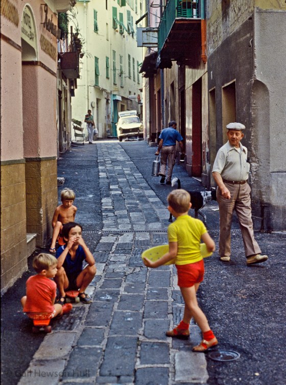 Skateboarders, Villefranche, France, 1982 (digitized from aged slide)